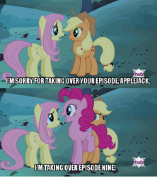 Size: 384x432 | Tagged: safe, edit, edited screencap, screencap, applejack, fluttershy, pinkie pie, bats!, g4, caption, dialogue, hub logo, image macro, meta