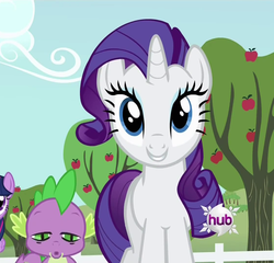 Size: 1124x1080 | Tagged: safe, screencap, rarity, spike, dragon, pony, unicorn, bats!, g4, my little pony: friendship is magic, apple tree, cropped, duo focus, female, hub logo, male, mare, mid-blink screencap, out of context, tree