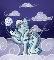 Size: 900x1007 | Tagged: safe, artist:28gooddays, oc, oc only, oc:snowdrop, pegasus, pony, cloud, cloudy, snowflake, solo