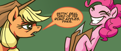 Size: 653x275 | Tagged: safe, artist:needsmoarg4, applejack, pinkie pie, earth pony, pony, comic:friendship is dragons, g4, dialogue, duo, duo female, female, getting real tired of your shit, mare