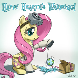 Size: 640x640 | Tagged: safe, artist:giantmosquito, fluttershy, pegasus, pony, ask-dr-adorable, g4, box, clothes, dr adorable, female, goggles, hearth's warming, lab coat, merry christmas, present, solo, wrapping paper, yo-yo