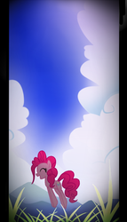 Size: 320x560 | Tagged: safe, artist:zat, pinkie pie, g4, eyes closed, female, happy, open mouth, pronking, sky, smiling, solo