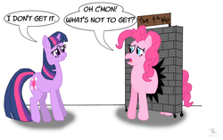 Size: 3080x1940 | Tagged: safe, artist:scyphi, pinkie pie, twilight sparkle, g4, brick, bricks, confused, fourth wall, frown, literal, open mouth, raised leg, simple background, speech bubble, talking, wall