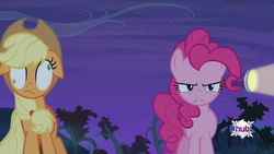 Size: 1280x720 | Tagged: safe, screencap, applejack, pinkie pie, pony, bats!, g4, angry, derp, flashlight (object), prehensile mane, serious face, silly, silly pony