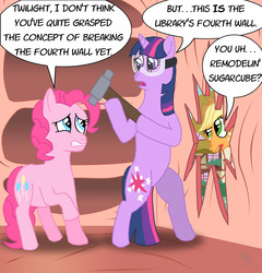 Size: 2161x2251 | Tagged: safe, artist:scyphi, applejack, pinkie pie, twilight sparkle, g4, fourth wall, hammer