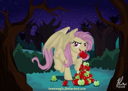 Size: 1024x731 | Tagged: safe, artist:teammagix, fluttershy, bat pony, pony, bats!, g4, apple, fangs, female, flutterbat, race swap, solo, tree, vampirism