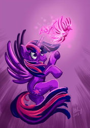 Size: 700x989 | Tagged: safe, artist:projectzuel, twilight sparkle, alicorn, bird, pony, g4, female, harry potter (series), magic, mare, patronus, solo, twilight sparkle (alicorn)