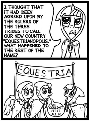 Size: 540x720 | Tagged: safe, artist:samueleallen, clover the clever, g4, hearth's warming eve (episode), and that's how equestria was made, banner, dialogue, hearth's warming eve, monochrome, origins, scene parody, we couldn't fit it all in