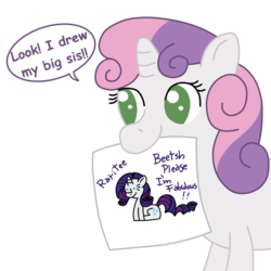 Size: 1000x1000 | Tagged: safe, artist:seabastian, rarity, sweetie belle, pony, unicorn, g4, comic, drawing, female, filly, foal, simple background, solo, transparent background
