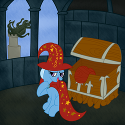 Size: 3000x3000 | Tagged: safe, artist:fetchbeer, trixie, pony, unicorn, g4, brooch, cape, clothes, crossover, discworld, female, hat, high res, jewelry, mare, rincewind, solo, the luggage