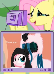 Size: 563x771 | Tagged: safe, artist:mixermike622, fluttershy, queen chrysalis, oc, oc:fluffle puff, g4, canon x oc, crying, cuddling, exploitable meme, feels, female, fluttercry, hug, lesbian, meme, ship:chrysipuff, shipping, snuggling, tears of joy, tv meme