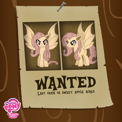 Size: 800x800 | Tagged: safe, fluttershy, bat pony, pony, bats!, g4, official, fangs, female, flutterbat, nail, paper, poster, race swap, solo, text, wanted, wanted poster