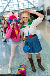 Size: 1365x2048 | Tagged: artist needed, safe, applejack, pinkie pie, human, equestria girls, g4, comikaze expo, comikaze expo 2013, convention, cosplay, irl, irl human, party horn, photo, sunglasses