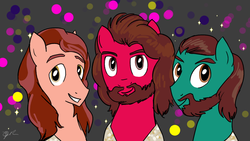 Size: 1216x687 | Tagged: source needed, safe, artist:fartha, earth pony, pony, barry gibb, beard, bee gees, beegees, disco, facial hair, looking at you, male, maurice gibb, ponified, robin gibb, stallion, trio