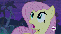 Size: 640x360 | Tagged: safe, screencap, fluttershy, pegasus, pony, bats!, g4, animated, drool, female, gif, hub logo, loop, mare, open mouth, out of context, reaction image, solo, stare