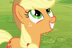 Size: 536x360 | Tagged: safe, screencap, applejack, bats!, g4, season 4, animated, disappointed, female, loop, sad, smiling, solo, this will end in tears