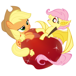 Size: 1000x1000 | Tagged: safe, artist:pixelkitties, applejack, fluttershy, bat pony, earth pony, pegasus, pony, bats!, g4, my little pony: friendship is magic, apple, cute, female, filly, filly applejack, filly flutterbat, filly fluttershy, flutterbat, race swap, simple background, transparent background, younger