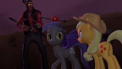 Size: 1192x670 | Tagged: safe, artist:fezwearingdoctor, applejack, oc, oc:midnight blossom, bat pony, earth pony, pony, g4, 3d, apple, arrow, bow, butt, female, gmod, mare, plot, sniper, sniper (tf2), team fortress 2