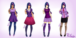 Size: 2100x1050 | Tagged: safe, artist:pinkxombie, twilight sparkle, human, g4, clothes, dark skin, fashion, humanized, light skin, mary janes, moderate dark skin, skirt