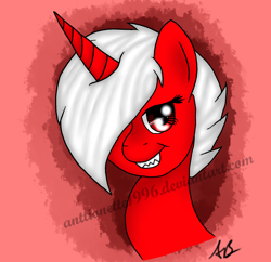 Size: 1860x1797 | Tagged: safe, artist:antionette1996, oc, oc only, oc:bloodbath, pony, unicorn, bust, portrait, sharp teeth, smiling, solo, teeth, watermark