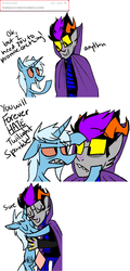 Size: 1017x2110 | Tagged: safe, artist:ghost, trixie, pony, unicorn, ask stoned trixie, g4, ask, bloodshot eyes, cape, clothes, comic, crossover, dialogue, duo, eridan ampora, female, glasses, homestuck, hug, male, mare, scarf, simple background, stoned trixie, troll (homestuck), tumblr, white background