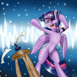 Size: 1600x1600 | Tagged: safe, artist:captainpudgemuffin, twilight sparkle, alicorn, pony, g4, bipedal, dancing, female, headphones, inkwell, mare, music, quill, solo, twilight sparkle (alicorn)