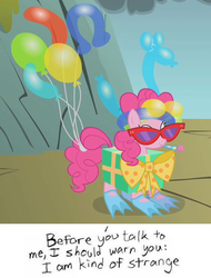 Size: 472x621 | Tagged: safe, edit, edited screencap, screencap, pinkie pie, dragonshy, g4, balloon, bow, clothes, costume, cropped, female, flippers (gear), present, solo, sunglasses, xkcd
