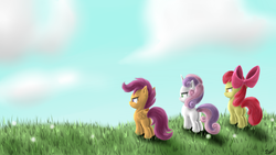 Size: 1920x1080 | Tagged: safe, artist:robbergon, apple bloom, scootaloo, sweetie belle, g4, cutie mark crusaders, wallpaper