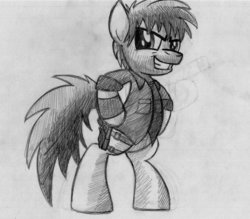 Size: 1024x898 | Tagged: safe, artist:drawponies, pony, atlantis, bipedal, crossover, john sheppard, monochrome, solo, stargate