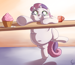 Size: 1605x1400 | Tagged: safe, artist:c-adepsy, sweetie belle, pony, unicorn, g4, belly button, chubby cheeks, cupcake, fat, feedee belle, female, filly, solo, sweetie belly, table