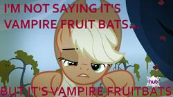 Size: 1278x715 | Tagged: safe, applejack, alien, vampire fruit bat, bats!, g4, ancient aliens, female, giorgio a. tsoukalos, image macro, meme, solo