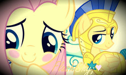 Size: 1000x600 | Tagged: safe, artist:pallettheunicorn, flash sentry, fluttershy, g4, armor, blushing, crack shipping, female, flutterflash, male, royal guard, shipping, straight, wallpaper