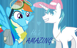 Size: 1131x707 | Tagged: safe, artist:pallettheunicorn, rainbow dash, shining armor, g4, adultery, crack shipping, female, goggles, hat, infidelity, male, pin, saddle bag, shiningdash, shipping, smiling, straight, wallpaper, whistle