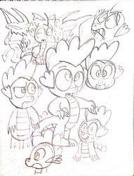 Size: 781x1023 | Tagged: safe, artist:toon-n-crossover, spike, g4, doodles, monochrome, practice, reference sheet, traditional art