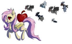 Size: 983x600 | Tagged: safe, artist:tami-kitten, fluttershy, bat, bat pony, pony, vampire fruit bat, bats!, g4, apple, female, flutterbat, race swap, simple background, solo, transparent background