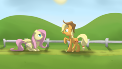 Size: 1440x810 | Tagged: safe, artist:blastdown, applejack, fluttershy, bats!, g4, my little pony: friendship is magic, fence