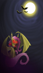 Size: 590x991 | Tagged: safe, artist:alorix, fluttershy, bat, bat pony, pony, bats!, g4, ask, bowtie, clothes, countess flutterbat, female, flutterbat, glowing eyes, moon, race swap, solo, tumblr