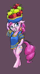 Size: 768x1408 | Tagged: safe, artist:snapai, pinkie pie, earth pony, pony, bats!, g4, my little pony: friendship is magic, apple, bipedal, chiquita banana, clothes, costume, dress, ear piercing, earring, female, fruit hat, hat, jewelry, piercing, solo