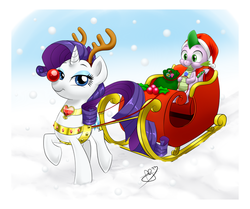 Size: 837x700 | Tagged: safe, artist:pia-sama, rarity, spike, christmas, female, fire ruby, harness, hat, male, red nose, reindeer antlers, santa hat, shipping, sleigh, snow, snowfall, sparity, straight
