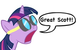 Size: 803x532 | Tagged: safe, twilight sparkle, g4, back to the future, doc brown, female, goggles, great scott, reaction image, solo