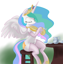 Size: 2493x2554 | Tagged: safe, artist:zev, princess celestia, g4, female, sitting, solo, stockings, table, tea, teacup