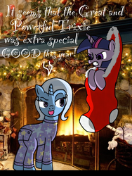 Size: 768x1024 | Tagged: safe, artist:themeaningofj, trixie, twilight sparkle, pony, g4, butt flap, christmas, christmas stocking, clothes, duo, no tail, onesie, pajamas