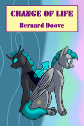 Size: 667x1000 | Tagged: safe, artist:foxenawolf, oc, oc only, oc:whirring cogs, changeling, pegasus, pony, fanfic:change of life, book cover, commission, duality, fanfic art, fanfic cover, unshorn fetlocks, wings