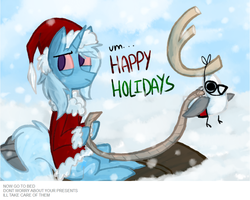 Size: 1009x809 | Tagged: safe, artist:ghost, trixie, bird, pony, reindeer, unicorn, g4, antlers, bloodshot eyes, christmas, clothes, costume, feels, female, happy holidays, hat, holiday, how the grinch stole christmas, mare, max (the grinch), poopsy, santa claus, santa costume, santa hat, sled, snow, solo, stoned trixie, the grinch, winter