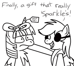 Size: 500x447 | Tagged: safe, artist:toonboy92484, rainbow dash, twilight sparkle, alicorn, pony, g4, bow, female, lesbian, mare, monochrome, pirate dash, pirateworm, present, ship:twidash, shipping, twilight sparkle (alicorn)