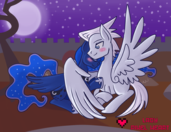 Size: 1280x989 | Tagged: safe, artist:ladypixelheart, princess luna, oc, g4, blushing, canon x oc, female, male, shipping, straight