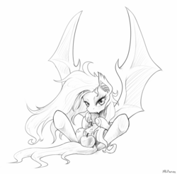 Size: 900x886 | Tagged: safe, artist:mlpanon, fluttershy, bat pony, pony, bats!, g4, apple, bedroom eyes, eating, female, flutterbat, grayscale, misleading thumbnail, monochrome, race swap, simple background, sitting, solo, spread legs, spread wings, strategically covered, white background