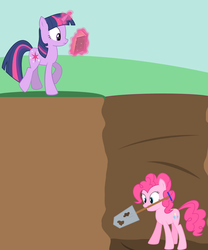 Size: 1000x1200 | Tagged: safe, artist:felixabsolved, pinkie pie, twilight sparkle, earth pony, pony, unicorn, g4, book, digging, duo, female, hole, imminent fall, magic, magic aura, mare, shovel, telekinesis, unicorn twilight, walking