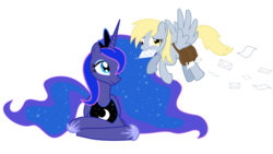 Size: 1920x1080 | Tagged: safe, artist:foxtail8000, derpy hooves, princess luna, pegasus, pony, g4, .svg available, female, letter, mail, mailbag, mare, mouth hold, simple background, svg, vector