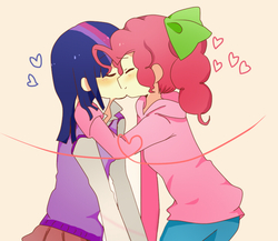 Size: 750x652 | Tagged: safe, artist:arelionxd, pinkie pie, twilight sparkle, human, g4, duo, eyes closed, female, heart, humanized, kiss on the lips, kissing, lesbian, light skin, ship:twinkie, shipping